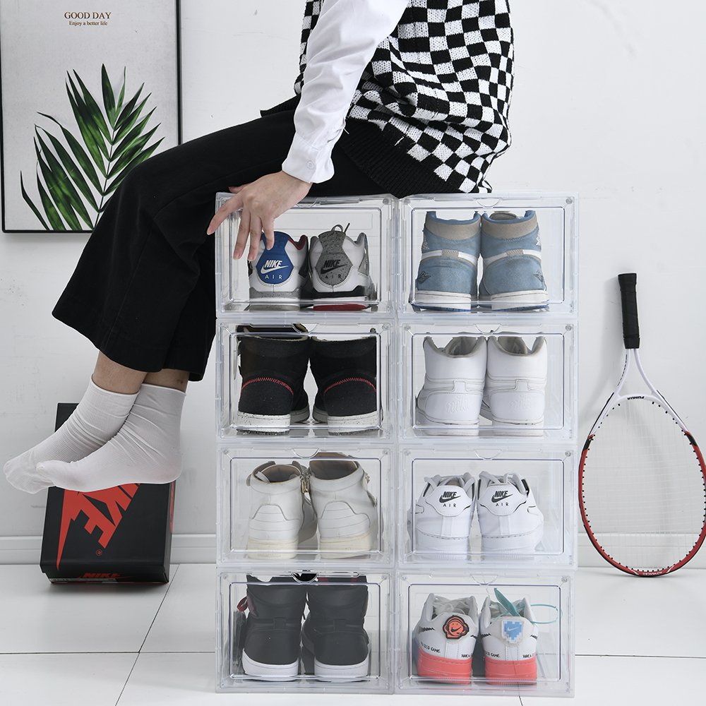 Wholesale transparent plastic sneaker stackable shoe storage boxes magnetic clear shoe box