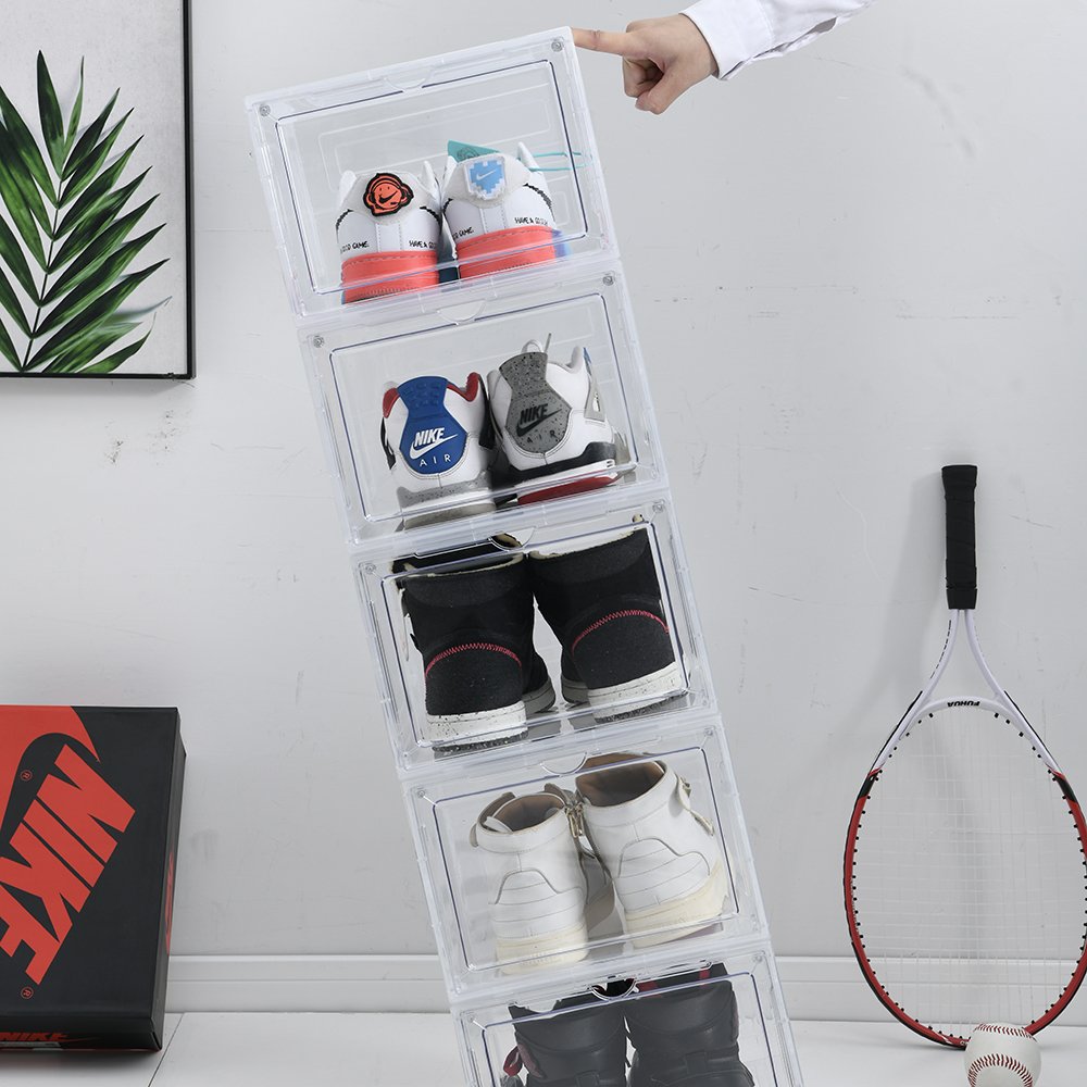 Wholesale transparent plastic sneaker stackable shoe storage boxes magnetic clear shoe box