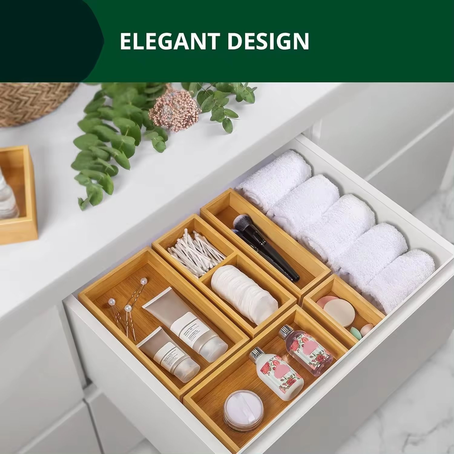 Bamboo Drawer Organizer Storage Box, Bin Set - Multi-Use Drawer Organizer