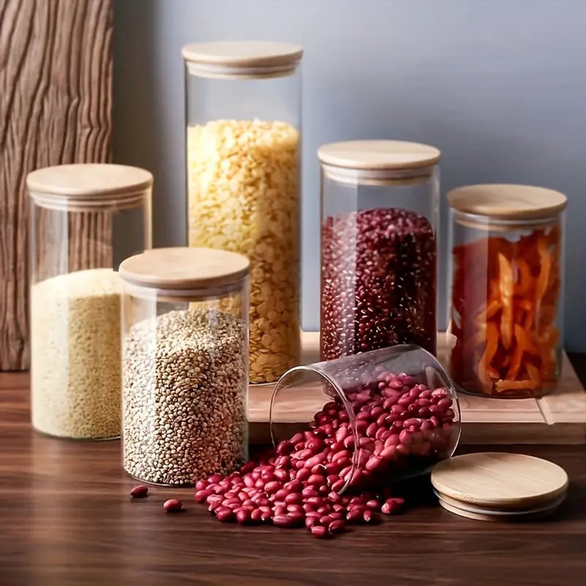 5pcs/set Stackable Kitchen Clear Glass Food Storage Jars Containers Set with Airtight Bamboo Lid For Candy Cookie Rice Sugar