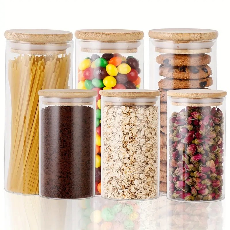 5pcs/set Stackable Kitchen Clear Glass Food Storage Jars Containers Set with Airtight Bamboo Lid For Candy Cookie Rice Sugar