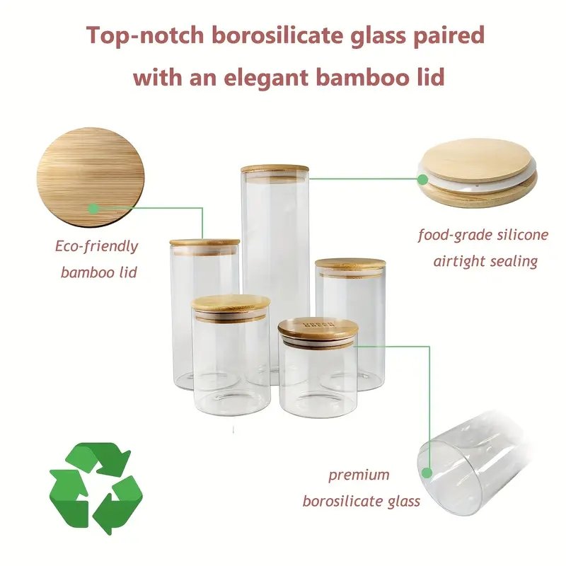 5pcs/set Stackable Kitchen Clear Glass Food Storage Jars Containers Set with Airtight Bamboo Lid For Candy Cookie Rice Sugar