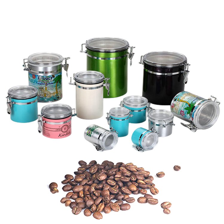 Various Capacities Kitchen Acrylic Tea Tin Can Coffee Bean Airtight Food Storage Can Metal Tank Jar Aluminum Canister With Lid