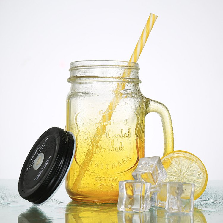 Wholesale Square 16 OZ Cold Beverage Use Bulk Glass Mug Colored Juice Mason Jar Drink Cup With Handle And Straw
