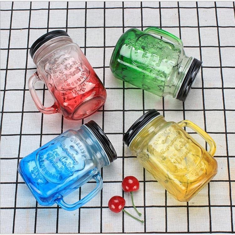 Wholesale Square 16 OZ Cold Beverage Use Bulk Glass Mug Colored Juice Mason Jar Drink Cup With Handle And Straw