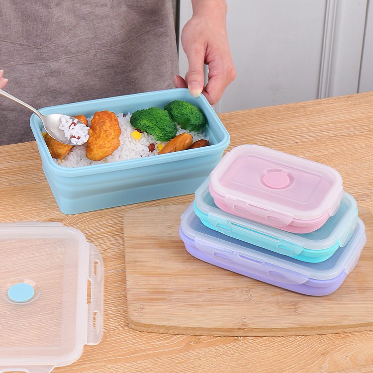 Hot selling food grade collapsible food storage container portable microwave school bento silicone lunch box for kids
