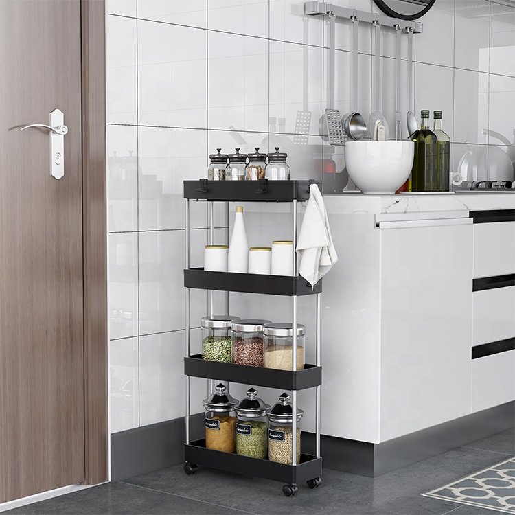 Bathroom Rolling Storage Cart 4 Layer Slim Plastic Storage Cart with Hooks and Wheels