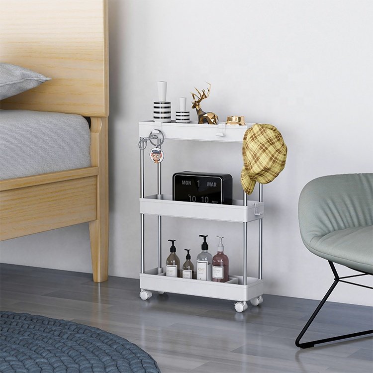 Bathroom Rolling Storage Cart 4 Layer Slim Plastic Storage Cart with Hooks and Wheels