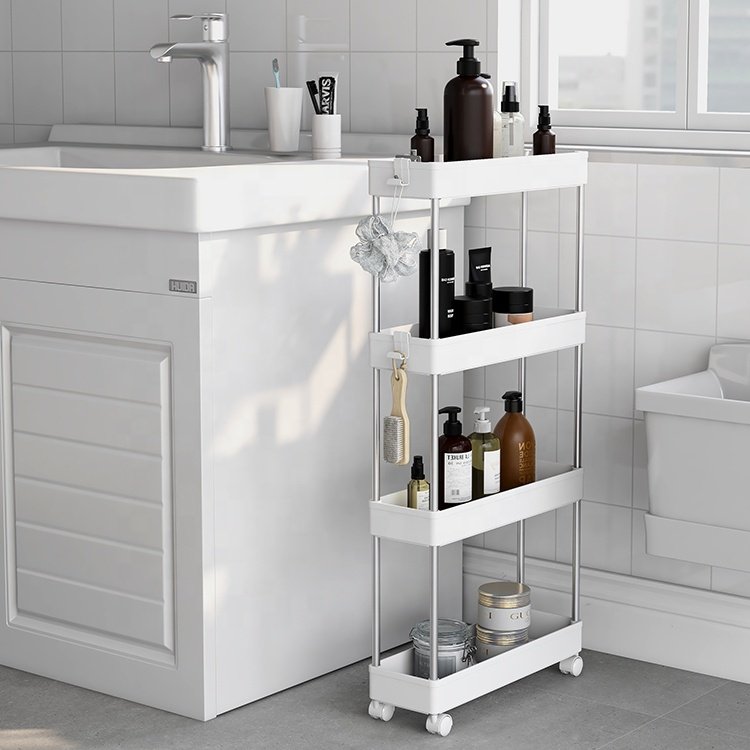 Bathroom Rolling Storage Cart 4 Layer Slim Plastic Storage Cart with Hooks and Wheels