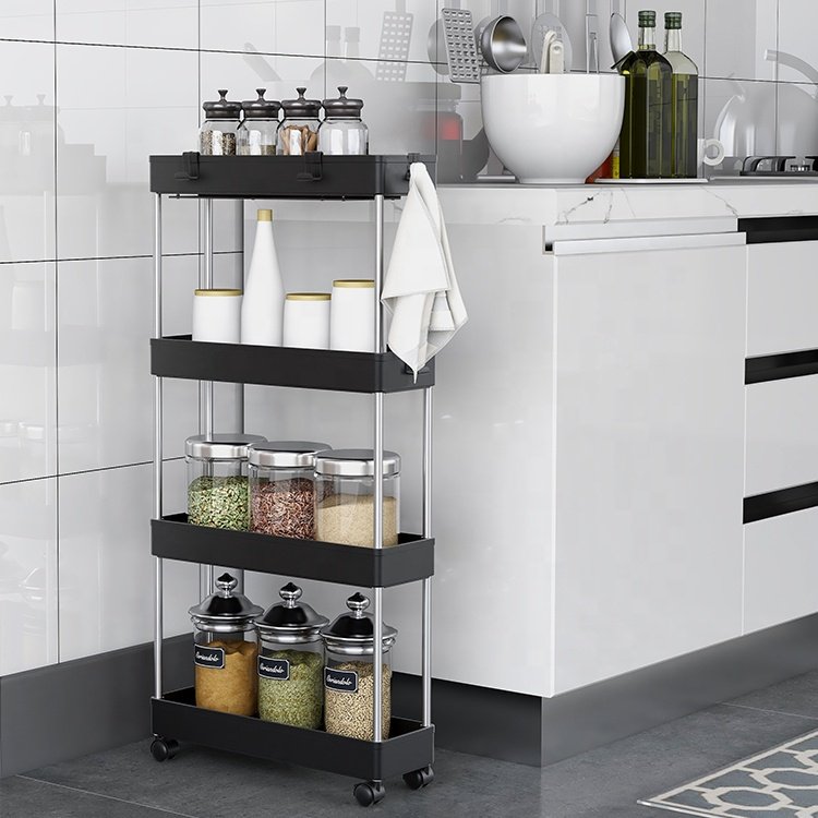 Bathroom Rolling Storage Cart 4 Layer Slim Plastic Storage Cart with Hooks and Wheels