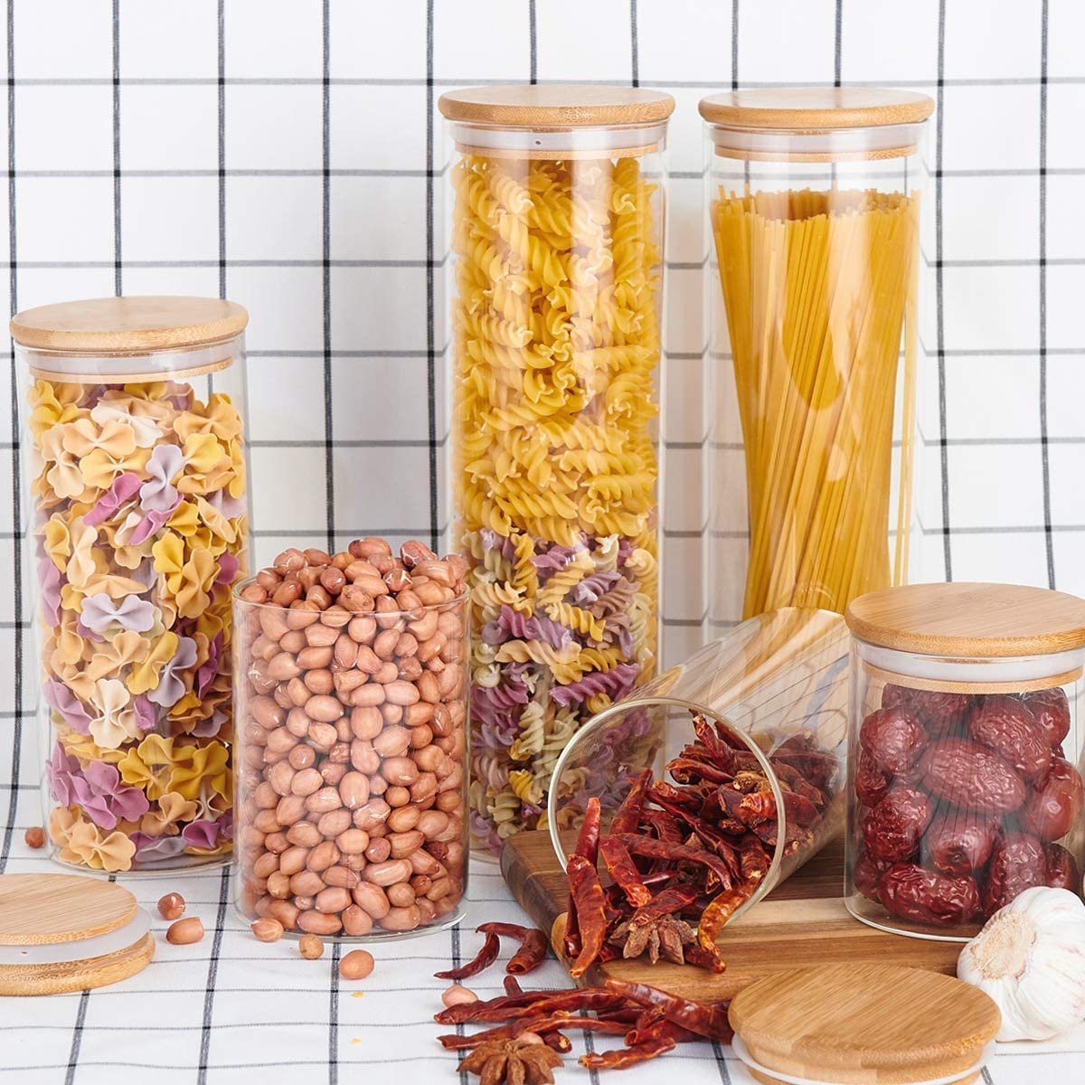 Glass Food Storage Jars Containers Canisters with Airtight Bamboo Lids Kitchen Glass Party Cylinder Country Set of Bowls Glass