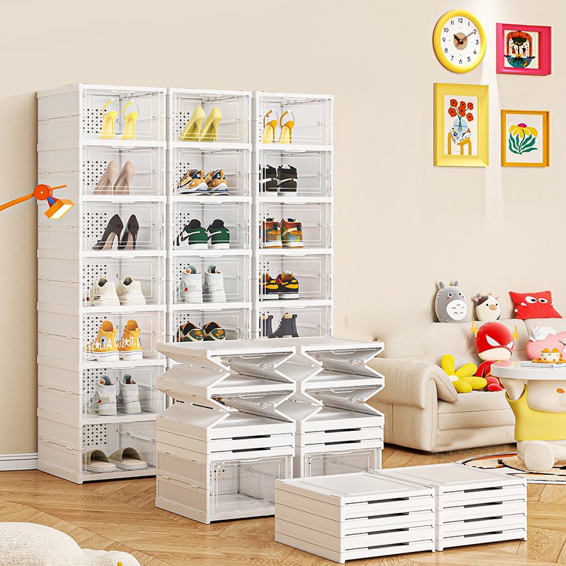 Stackable Collapsible Shoe Rack Organizer Transparent Clear Plastic Foldable Shoe Storage Box for Closet With Side Open Door