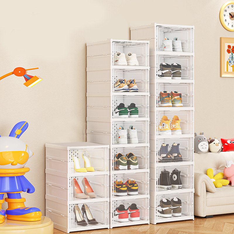 Stackable Collapsible Shoe Rack Organizer Transparent Clear Plastic Foldable Shoe Storage Box for Closet With Side Open Door