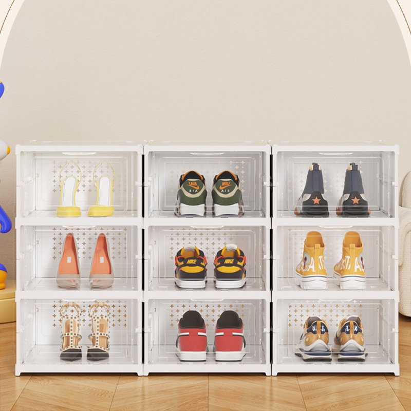 Stackable Collapsible Shoe Rack Organizer Transparent Clear Plastic Foldable Shoe Storage Box for Closet With Side Open Door