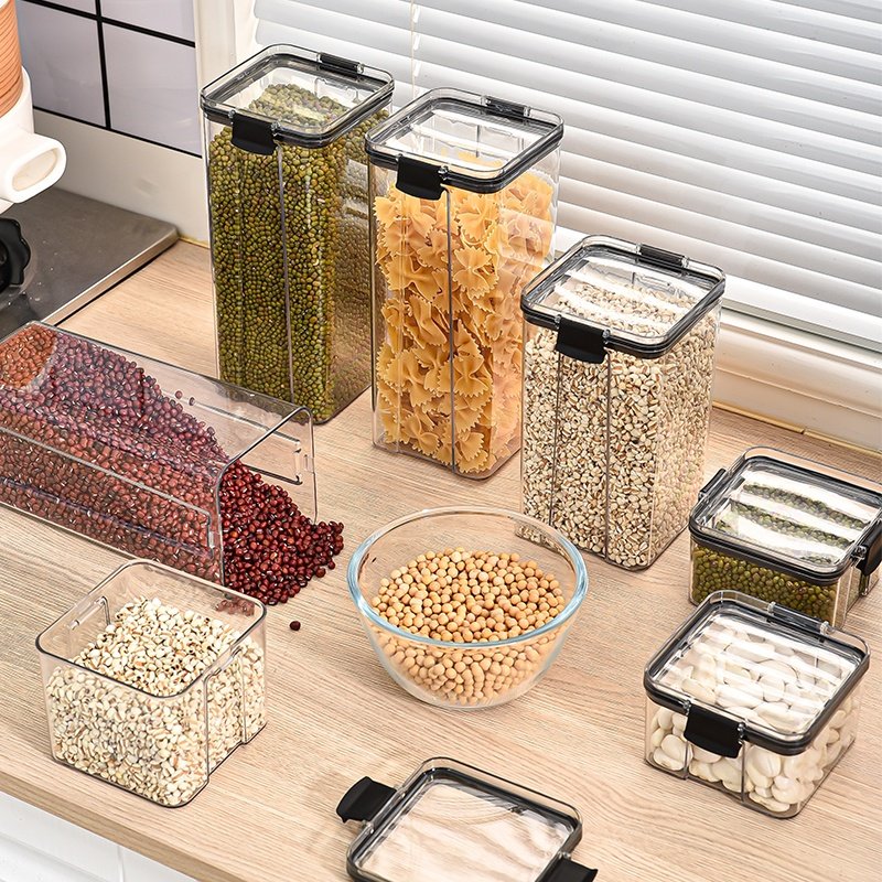 Air Tight PET Transparent Crisper Dry Food Cereal Airtight Clear Canister Food Storage Organizing Kitchen Plastic Container Set