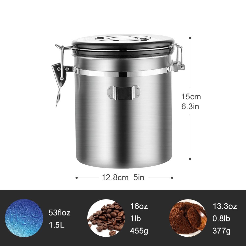 Cafe Air Tight Storage Container With Spoon On Lid Stainless Steel Tea Coffee Beans Sugar Containers