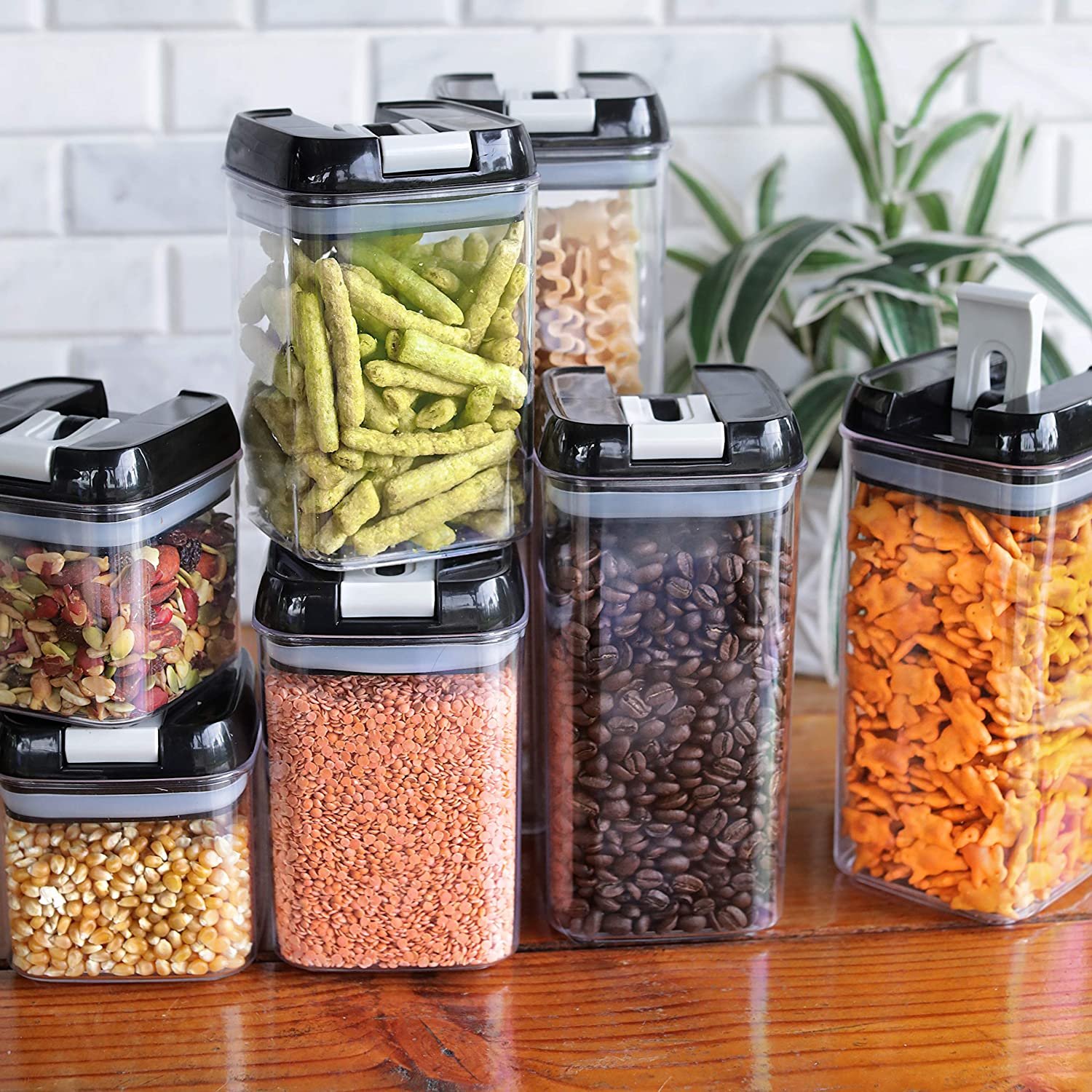 Justeer 14pcs clear kitchen airtight plastic cereal food storage containers with lid BPA Free