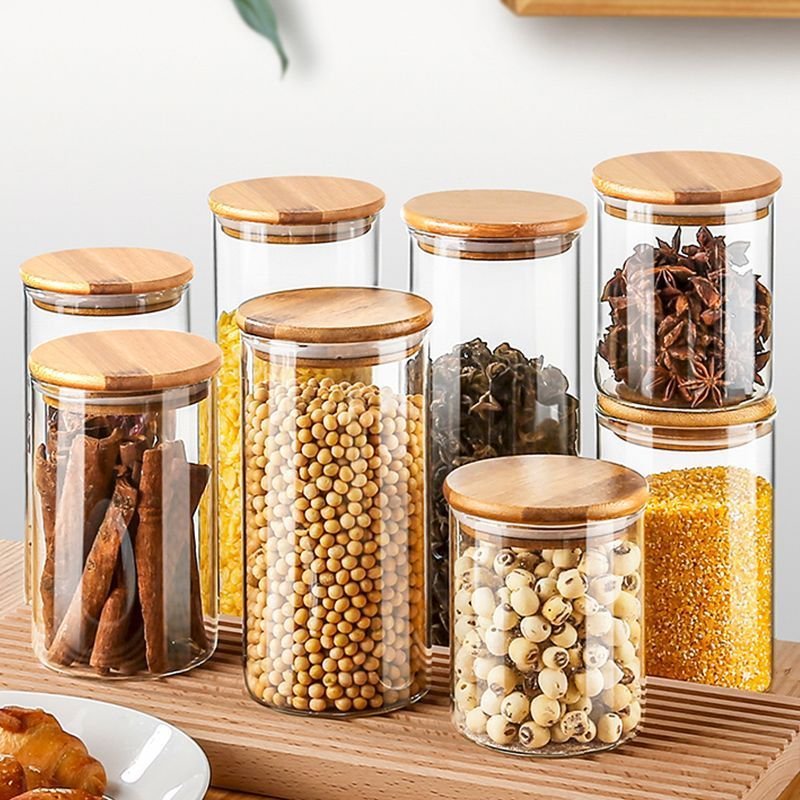 BS-LT2P2 Wholesale Household Bamboo Wood Lids Glass Storage Container Bottle Organizer Jars For Food Spice Coffee Beans