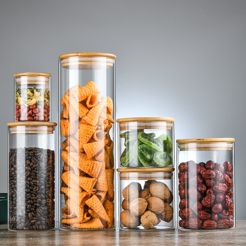 BS-LT2P2 Wholesale Household Bamboo Wood Lids Glass Storage Container Bottle Organizer Jars For Food Spice Coffee Beans