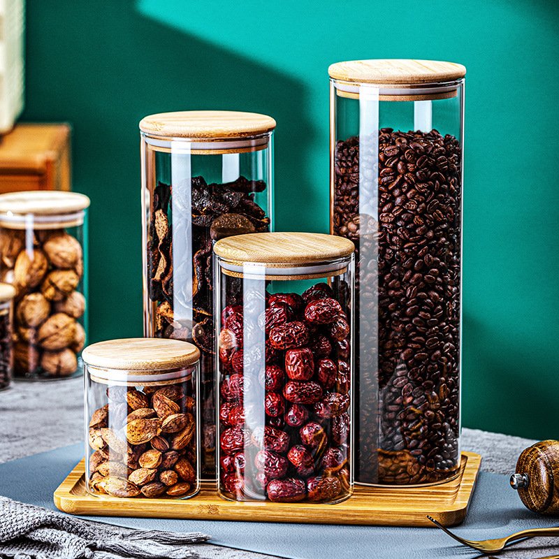 BS-LT2P2 Wholesale Household Bamboo Wood Lids Glass Storage Container Bottle Organizer Jars For Food Spice Coffee Beans