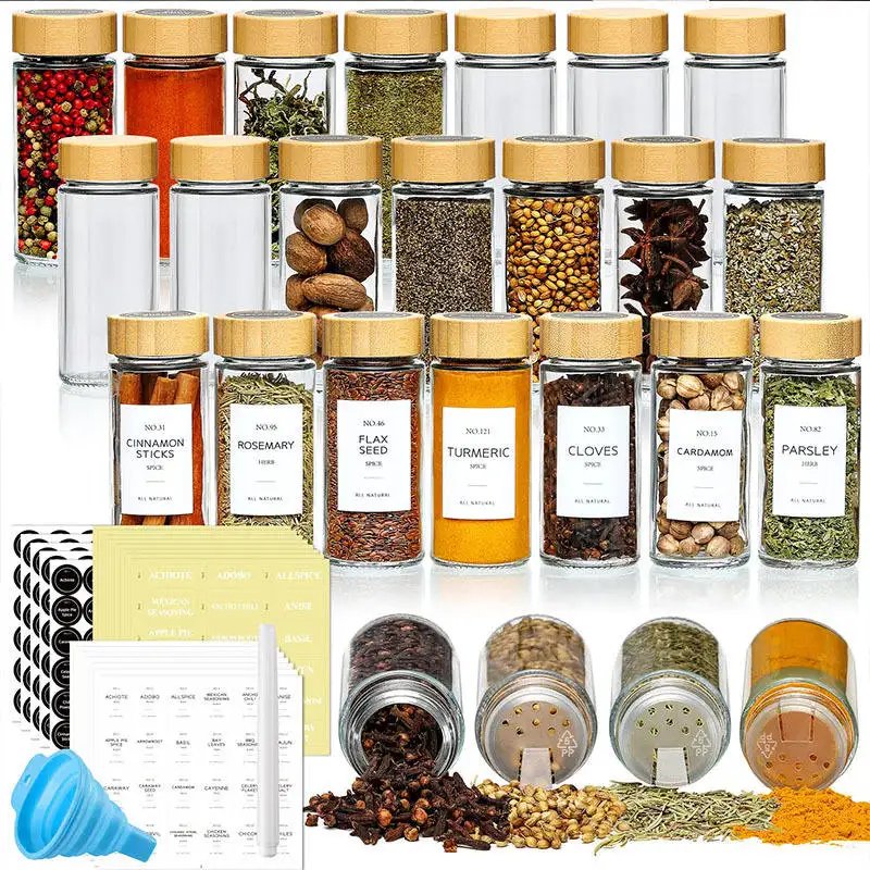 Wholesale Kitchen 4 Oz Airtight Herb And Seasoning Bottles Glass Storage Containers Spice Jars With Wooden Bamboo Lid Set