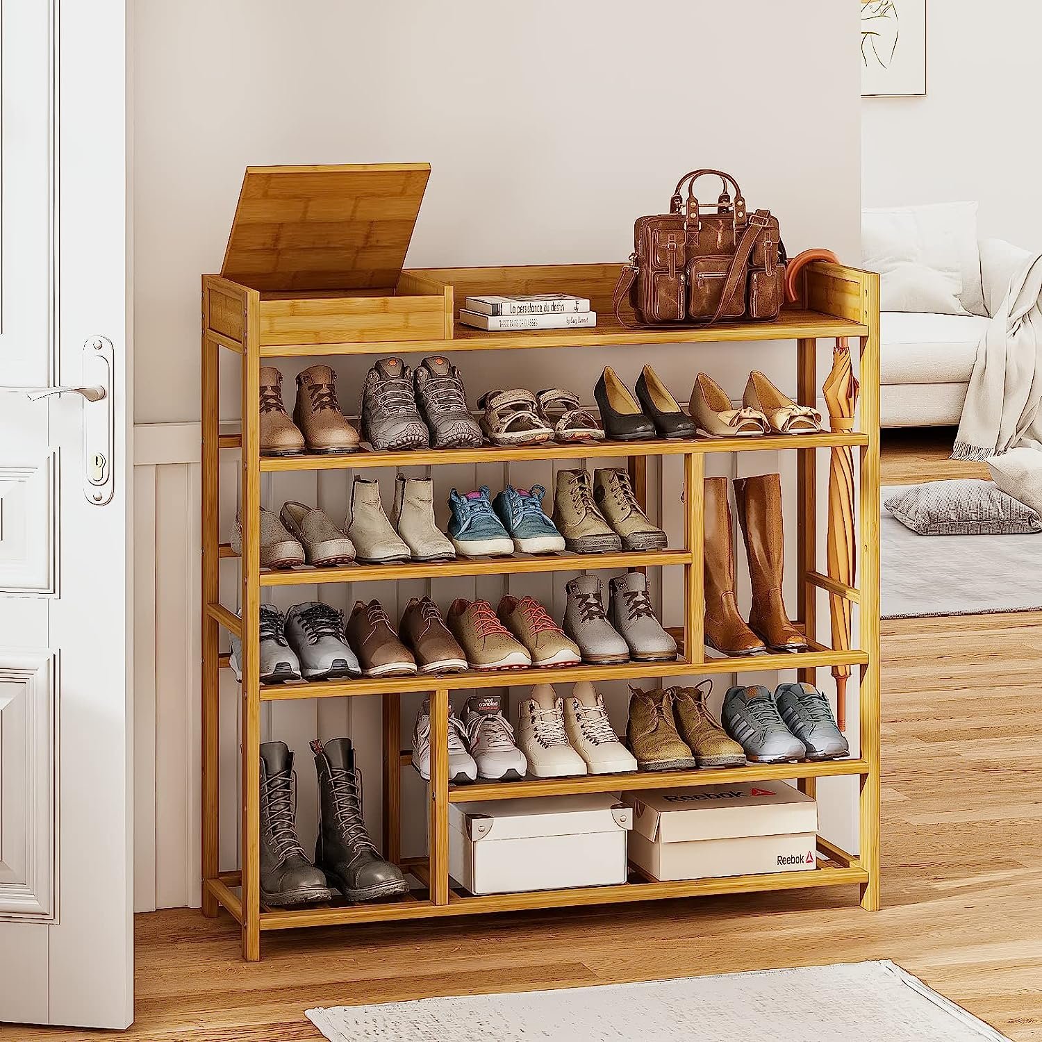 Shoe Rack for Entryway Bamboo Shoe Organizer with Small Storage Box (Natural)