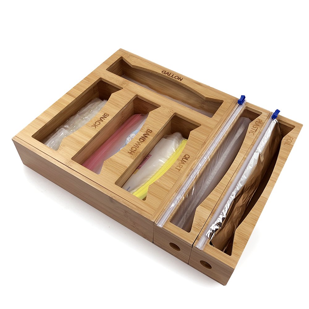 bamboo kitchen food storage ziplock bag organizer holders, Dispenser for Sandwich Gallon Snack and Quart Baggie