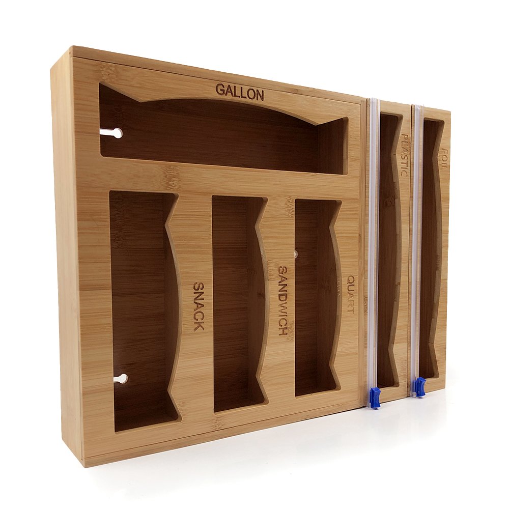 bamboo kitchen food storage ziplock bag organizer holders, Dispenser for Sandwich Gallon Snack and Quart Baggie