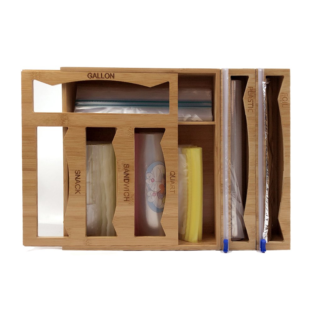 bamboo kitchen food storage ziplock bag organizer holders, Dispenser for Sandwich Gallon Snack and Quart Baggie