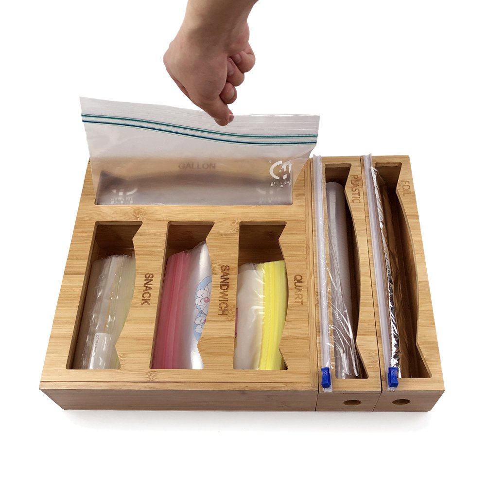 bamboo kitchen food storage ziplock bag organizer holders, Dispenser for Sandwich Gallon Snack and Quart Baggie