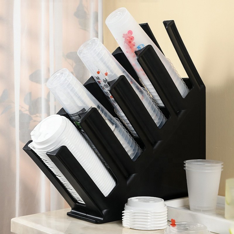 Restaurant Coffee Station Bar Countertop Black 4-Section Slanted Countertop Cup and Lid Organizer