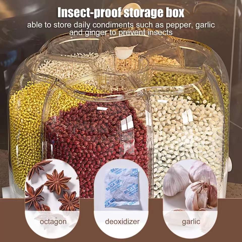 360 Rotatable 10KG Load 6 Compartment Kitchen Dry Food Rice Storage Box Cereal Rice Dispenser Container