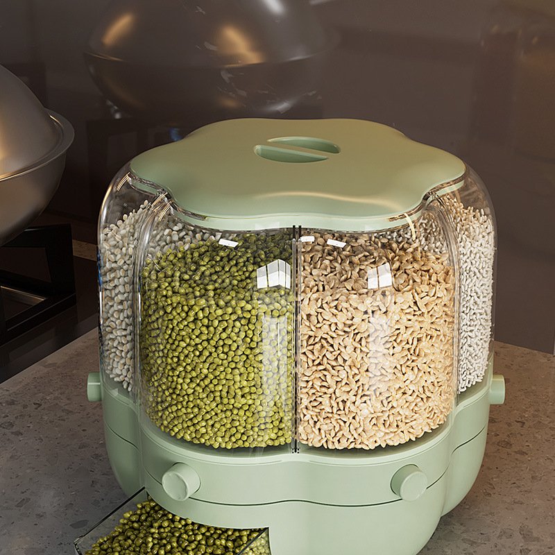360 Rotatable 10KG Load 6 Compartment Kitchen Dry Food Rice Storage Box Cereal Rice Dispenser Container