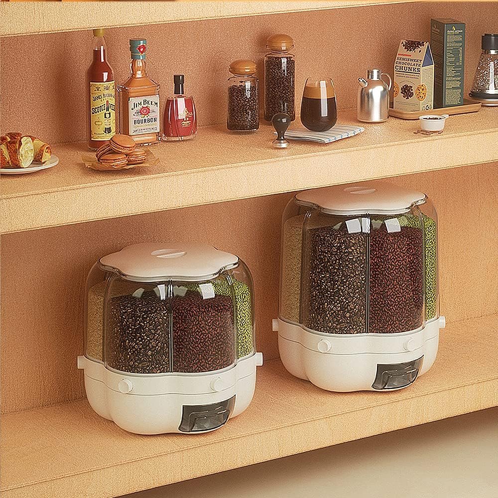 360 Rotatable 10KG Load 6 Compartment Kitchen Dry Food Rice Storage Box Cereal Rice Dispenser Container