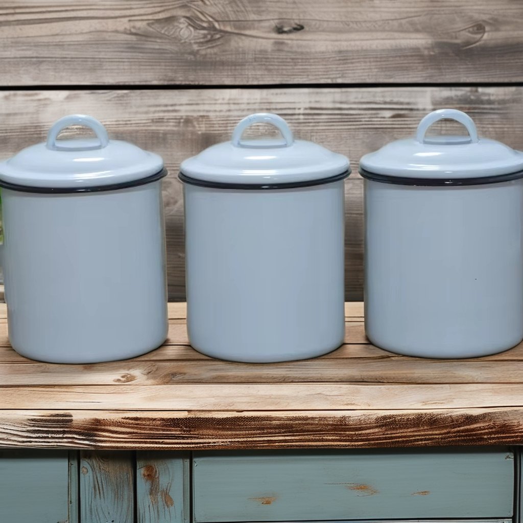 Enamel Canister Enamel Storage Canister Food Container on Tables With Lid