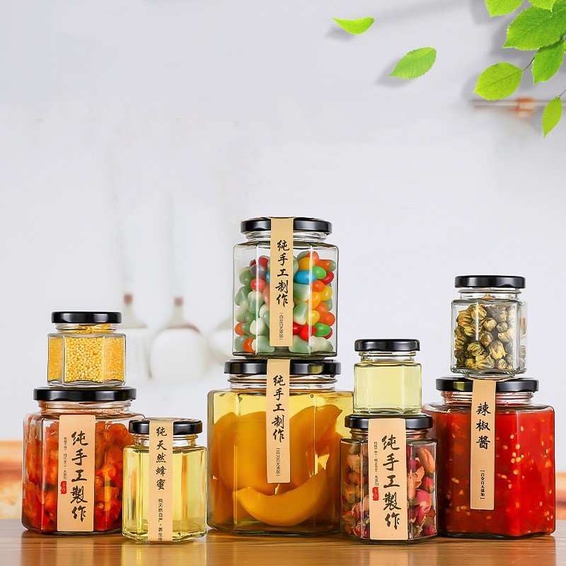 45ml 60ml 85ml 100ml 180ml 280ml 380ml Jam Honey Container Cream Canning Caviar Food Storage Hexagon Candle Glass Jar with Lid