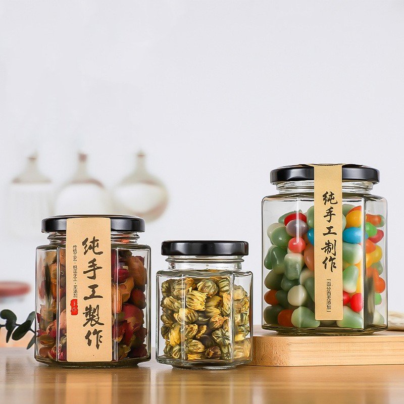 45ml 60ml 85ml 100ml 180ml 280ml 380ml Jam Honey Container Cream Canning Caviar Food Storage Hexagon Candle Glass Jar with Lid