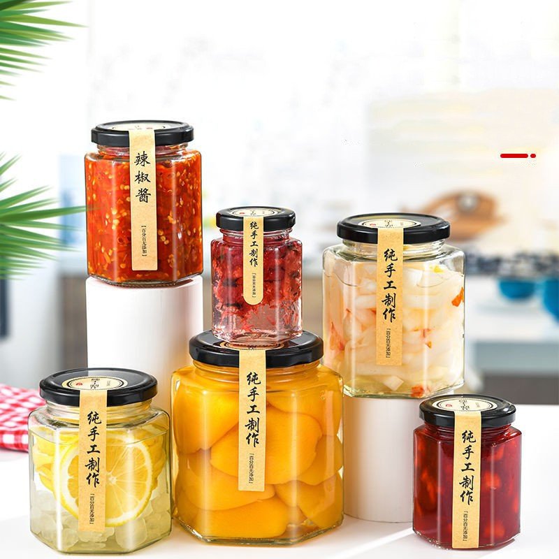 45ml 60ml 85ml 100ml 180ml 280ml 380ml Jam Honey Container Cream Canning Caviar Food Storage Hexagon Candle Glass Jar with Lid