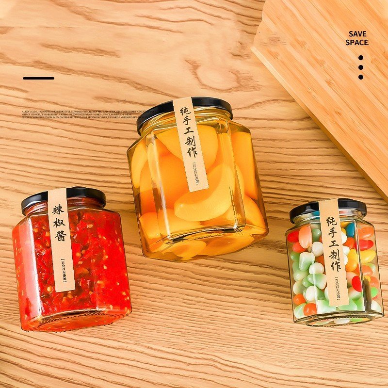 45ml 60ml 85ml 100ml 180ml 280ml 380ml Jam Honey Container Cream Canning Caviar Food Storage Hexagon Candle Glass Jar with Lid
