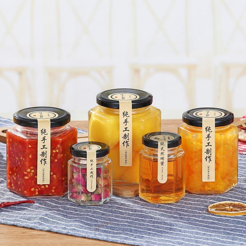 45ml 60ml 85ml 100ml 180ml 280ml 380ml Jam Honey Container Cream Canning Caviar Food Storage Hexagon Candle Glass Jar with Lid