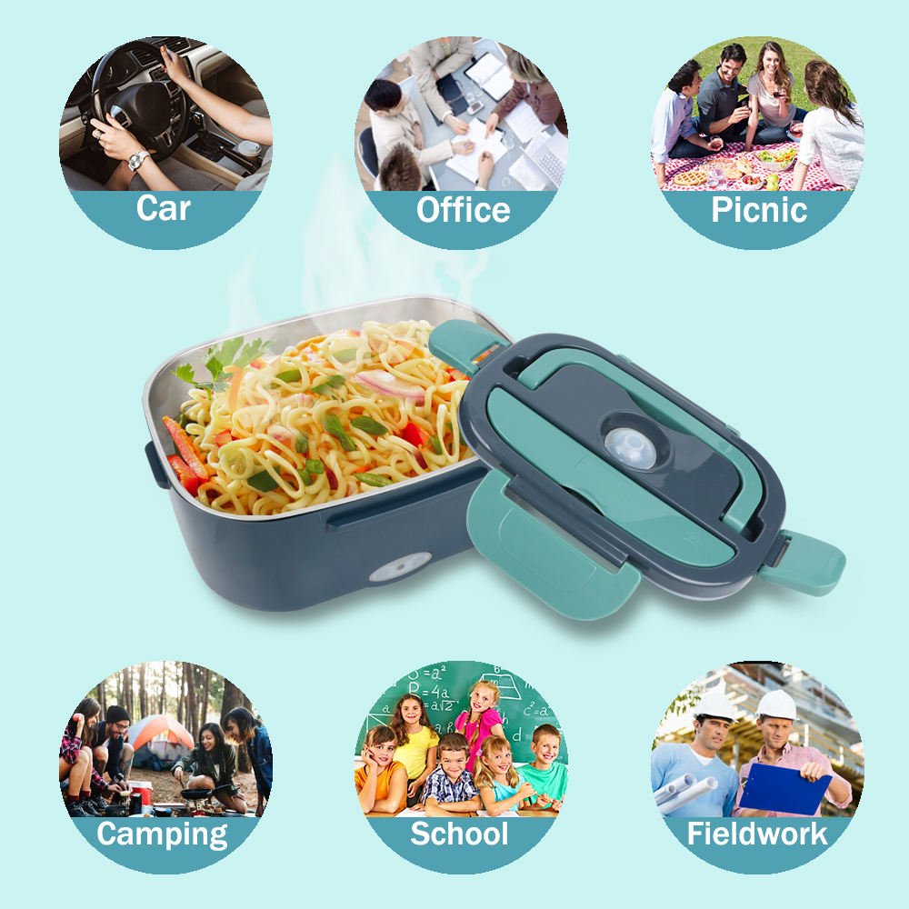Portable Electric Lunch Box Food Heater Smart Stainless Steel and Plastic Storage Bin for Car Office and Home
