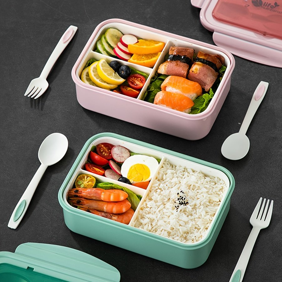 YIWU QIYE 3-cell plastic office school lunch container with spoon lunch box suitable for children's lunchbox
