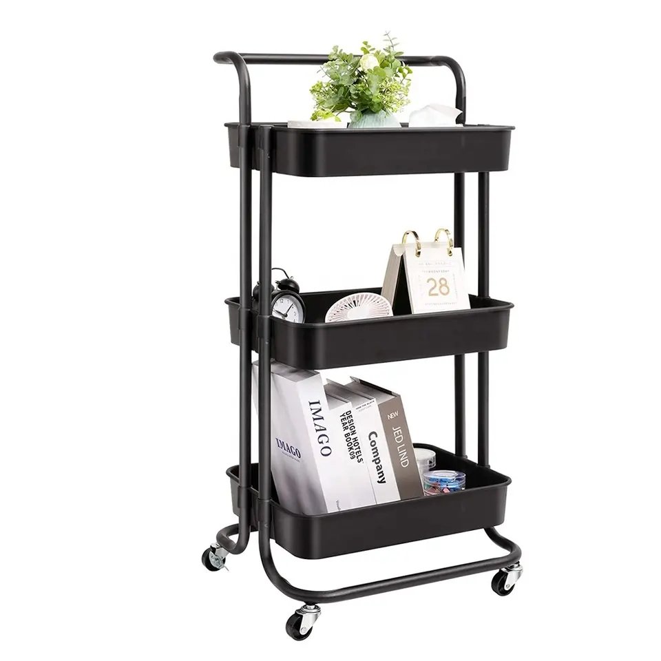 Adjustable Storage Kitchen Rolling Storage Cart Utility Home Organizer 3 Tier Trolley Plastic Shelves Display Rack