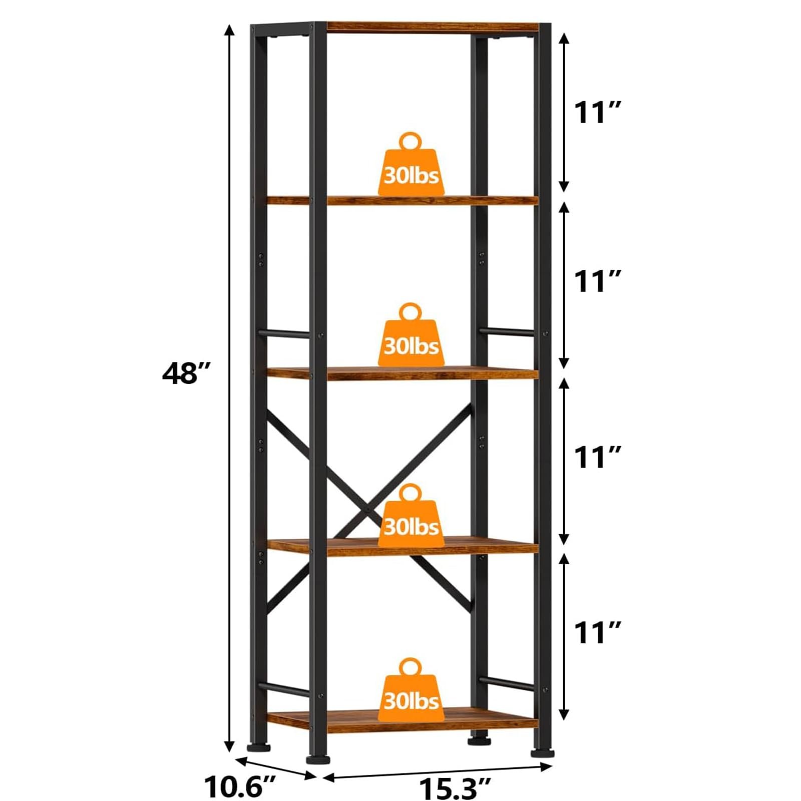 5 Tier Tall Bookshelf Rustic Narrow Bookcase Display Standing Shelf Units Metal and Wood Storage Shelves Organizer for Bedroom