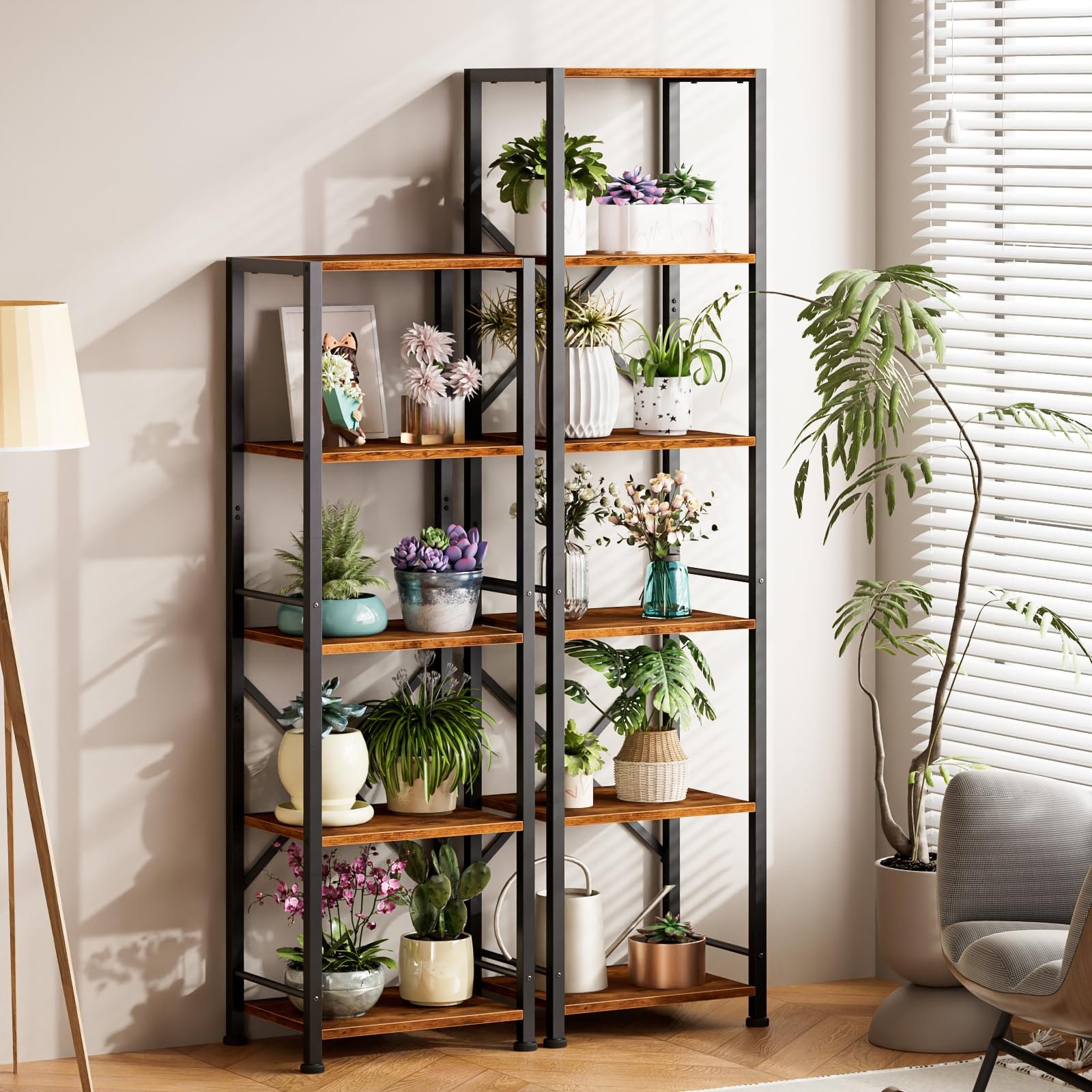 5 Tier Tall Bookshelf Rustic Narrow Bookcase Display Standing Shelf Units Metal and Wood Storage Shelves Organizer for Bedroom