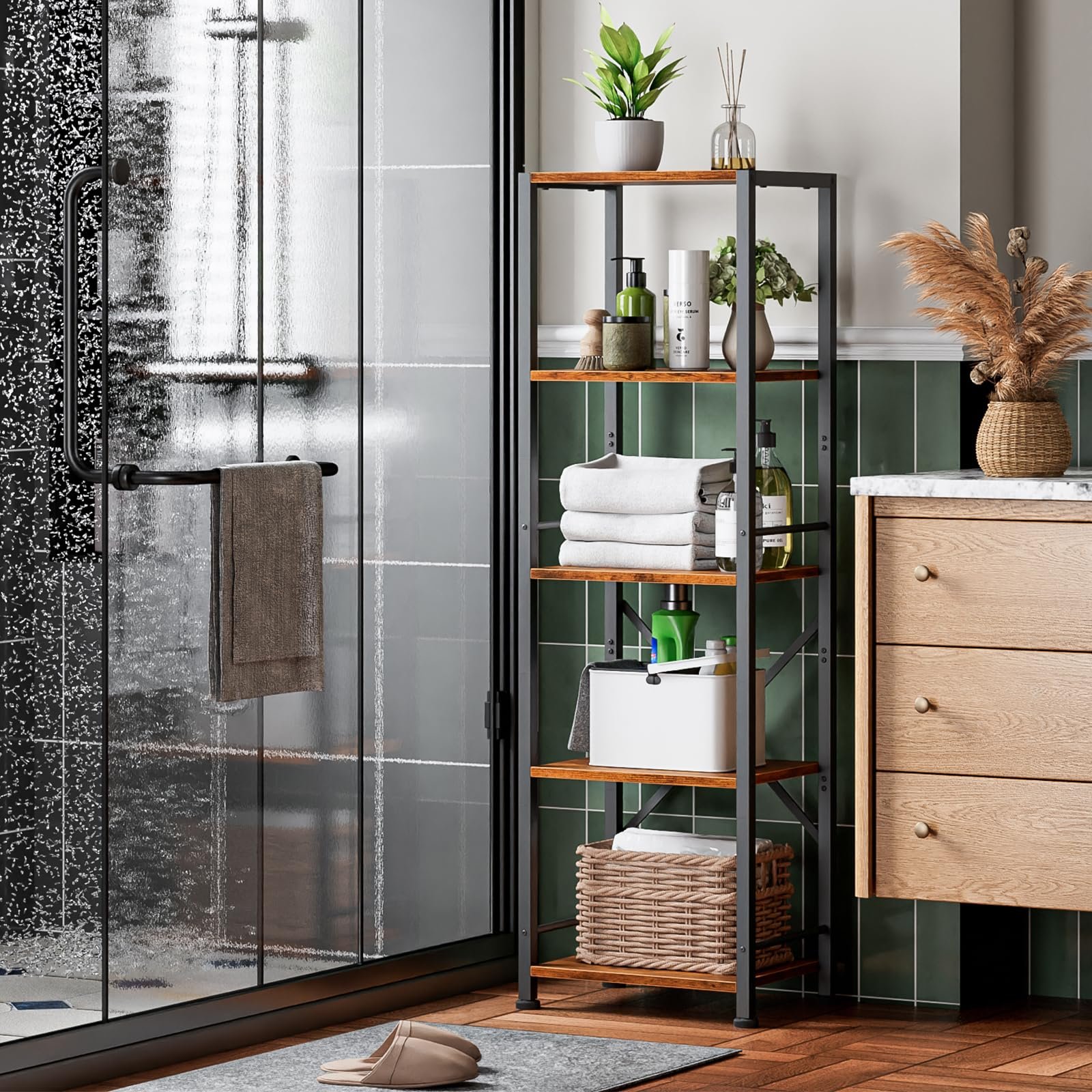 5 Tier Tall Bookshelf Rustic Narrow Bookcase Display Standing Shelf Units Metal and Wood Storage Shelves Organizer for Bedroom