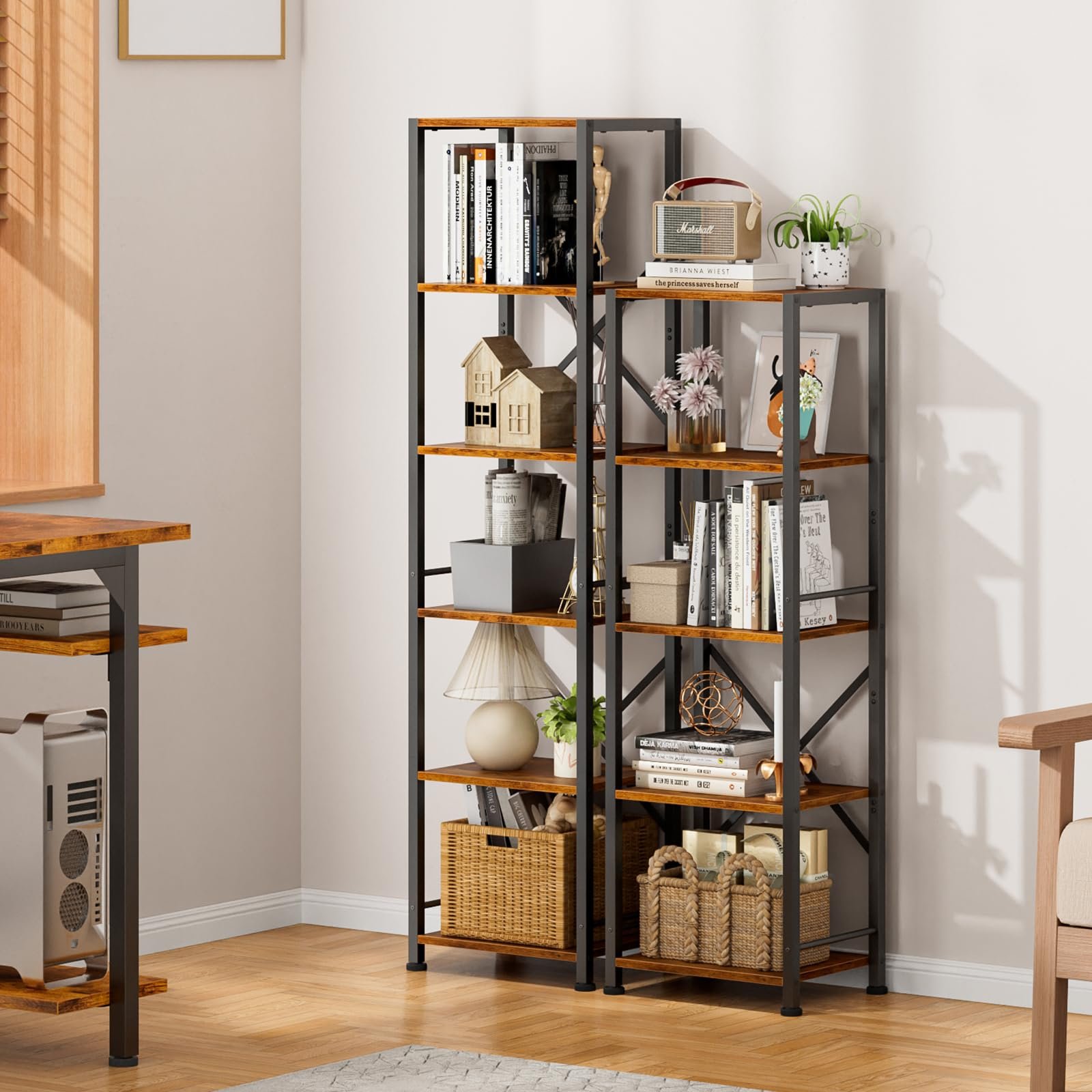 5 Tier Tall Bookshelf Rustic Narrow Bookcase Display Standing Shelf Units Metal and Wood Storage Shelves Organizer for Bedroom