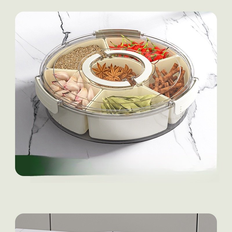 Rotatable Six-Compartment Kitchen Storage Box Handle Transparent Dry Snack Storage Multifunctional Classic Sealed Spice Storage