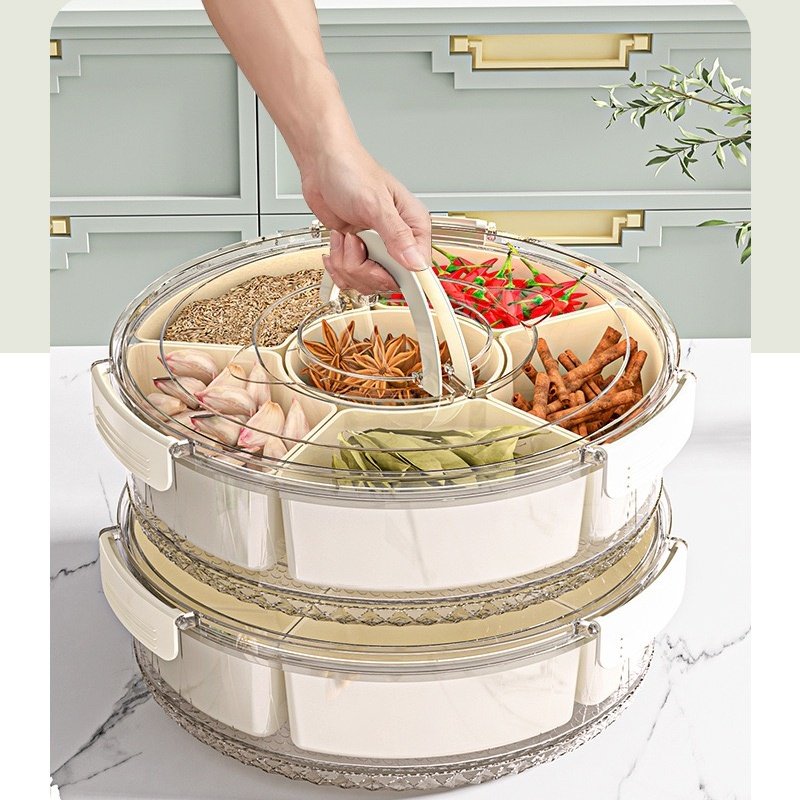 Rotatable Six-Compartment Kitchen Storage Box Handle Transparent Dry Snack Storage Multifunctional Classic Sealed Spice Storage