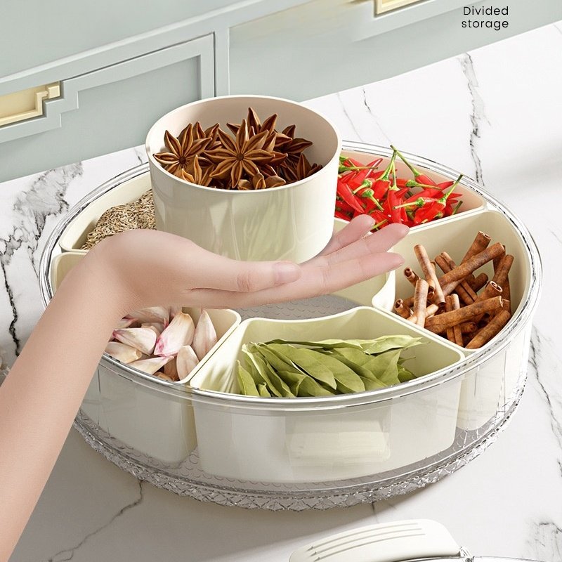 Rotatable Six-Compartment Kitchen Storage Box Handle Transparent Dry Snack Storage Multifunctional Classic Sealed Spice Storage